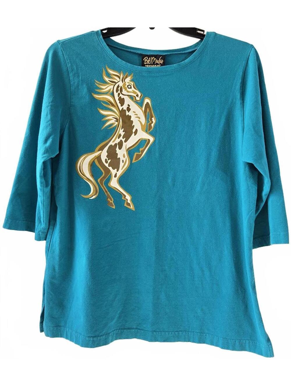 Bob Mackie Wearable Art Blue Cotton Spandex Horse Graphic Shirt Large